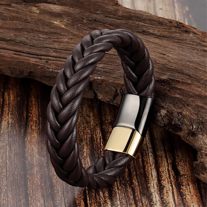 Мужской модный браслет из натуральной кожи многослойный Плетеный нержавеющей