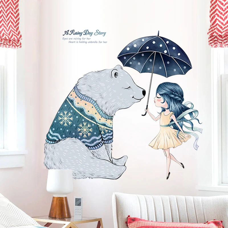 Настенные стикеры в спальню с изображением медведя и девушки обои креативная