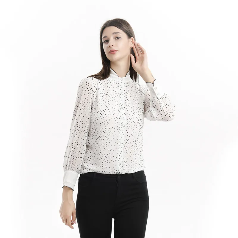 

Hot Lady Petal Sleeve Tops Elegant Madarin Collar Blouse Casual Solid Color Loose Shirt Fashion Polka Dot Shirt For Women