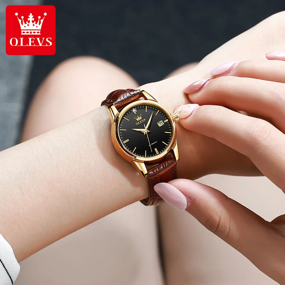OLEVS Watches for Women Brown Leather Women Automatic Watch Mechanical Fashion Ladies Watches Casual 30M Waterproof WristWatch enlarge