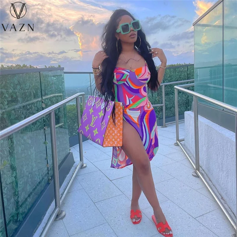 Лето 2021 Новое поступление сексуальное женское платье VAZN в полоску с солнечным
