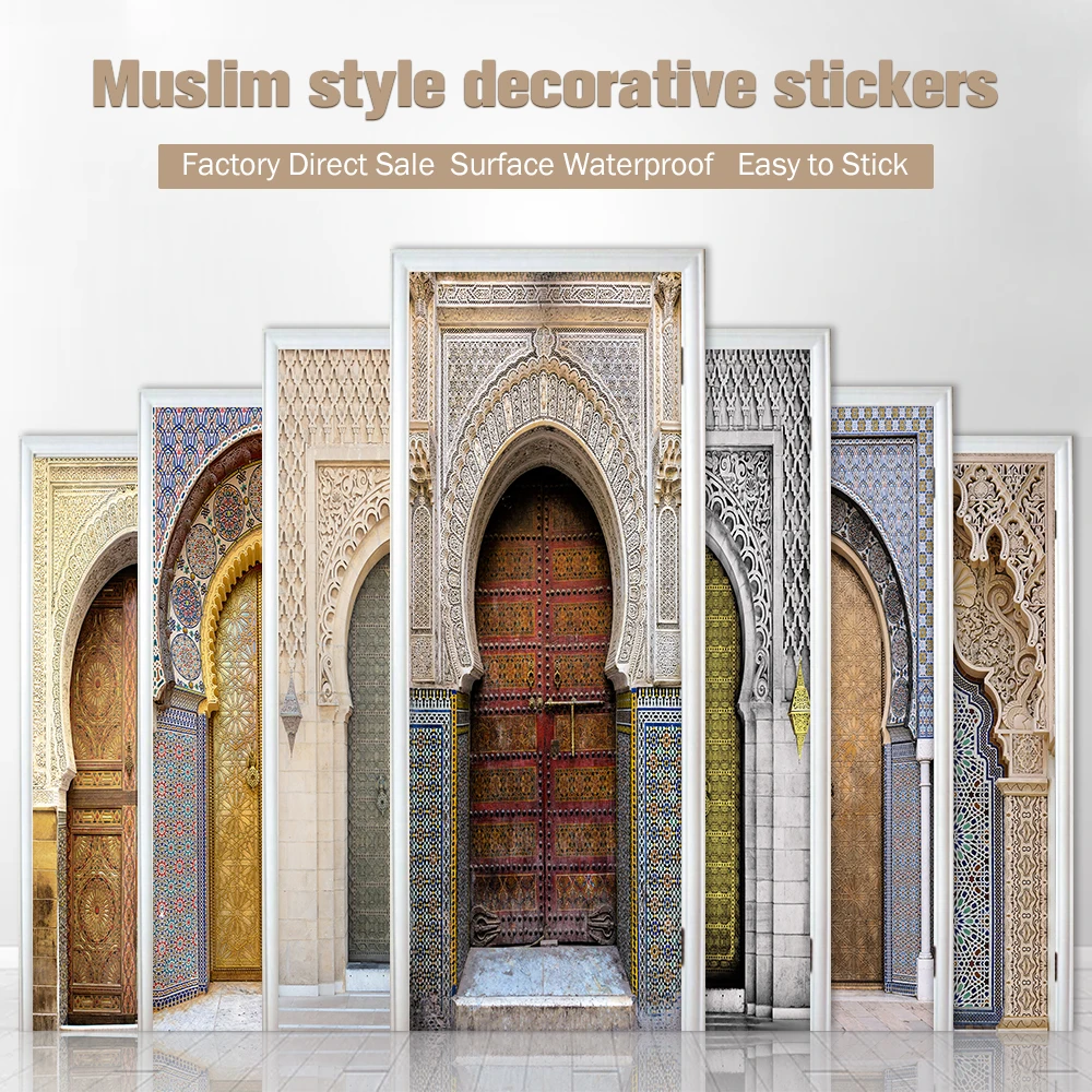 2pcs/set Muslim Islam Style Retro Door Art Mural Sticker Corridor Wardrobe Decorative Painting Peel & Stick Waterproof Wallpaper