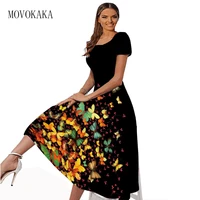 movokaka butterfly print black dresses women beach casual elegant short sleeves spring summer dress party slim long dress women