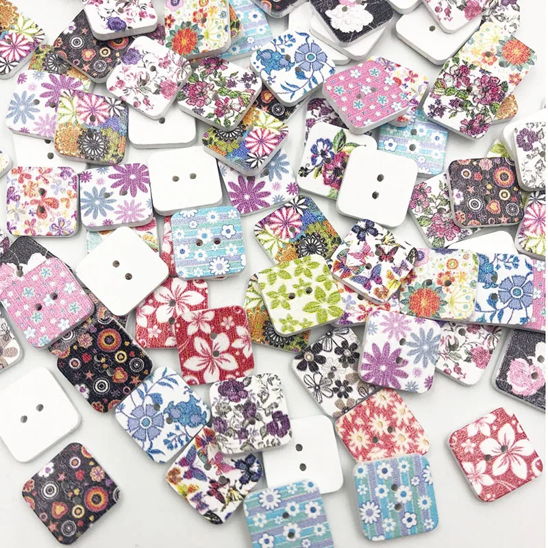 

50pcs Mixed Square Flower Pattern Painting Wood Sewing Buttons 15mm WB734
