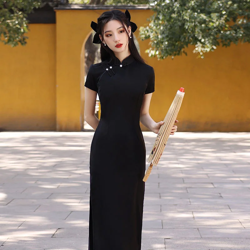 Chinese Dress Qipao Modern Women Black Slim Long Cheongsam Traditional Harajuku Hanfu Robe Orientale Vintage Vestido Chino Mujer