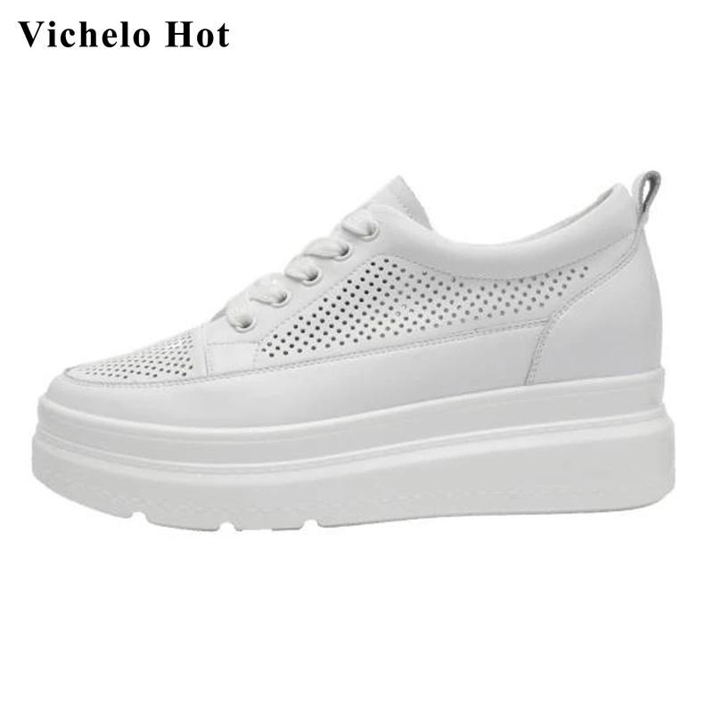 

Кроссовки Vichelo из натуральной кожи, дышащие, на толстой подошве, с круглым носком, Вулканизированная подошва, белые, L7f1, Летний сезон