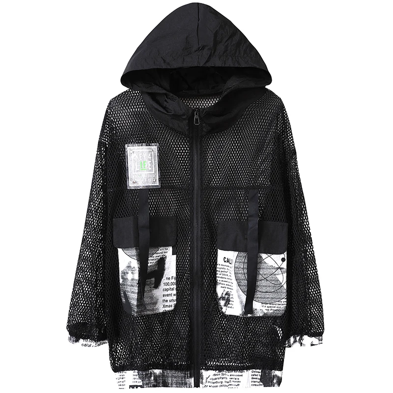 

2021 Summer Women Loose Mesh Splice Casual Short Coat Fashion Zip Long Sleeve Sunscreen Jacket Streetwear Black Hooded Outerwear