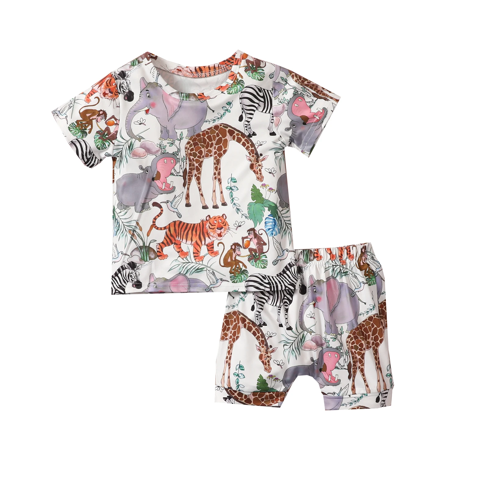 

New Children Baby Girls Boys Casual Two-piece Clothes Set, Animals Printed Pattern T-shirt and Elastic Waist Shorts