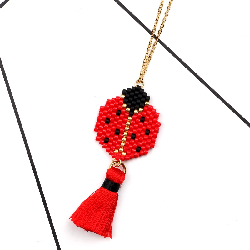 

FAIRYWOO Ladybug Tassel Necklace Animals Necklaces Miyuki Pendant Woven Necklace Custom Bohemian Necklaces Red Jewelry Wholesale