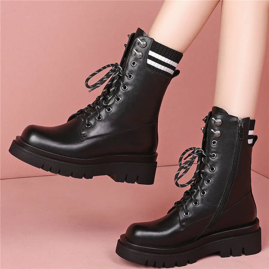 

Punk Creepers Women Lace Up Genuine Leather Ankle Boots Female High Top Round Toe Platform Oxfords Shoes Knitting Casual Shoes