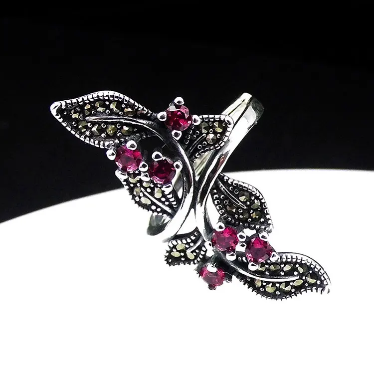 FNJ кольцо с цветком 925 Серебряный марказит красный циркон S925 серебро кольца для женщин ювелирные изделия регулируемый размер