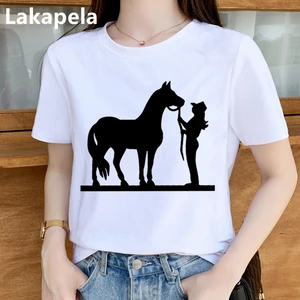 Horse graphic Print Summer 2021 New Fashion Womens T-shirt Top Base O-neck white short Tees Funny Lnteresting Girls T-shirt