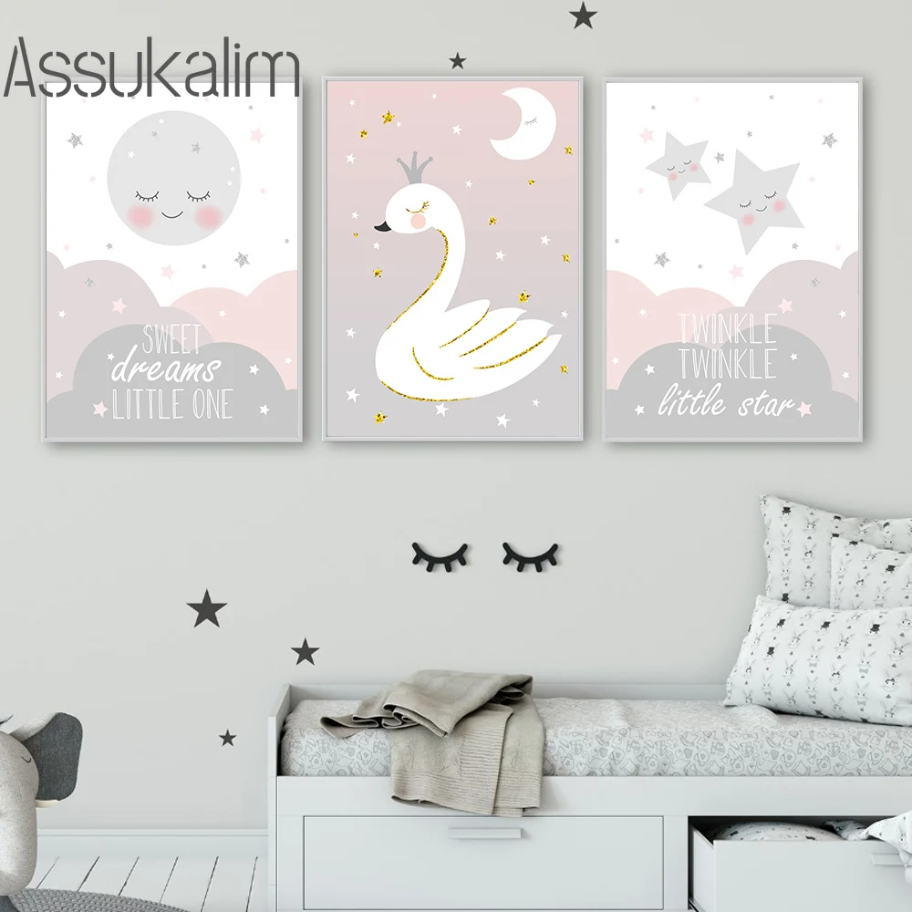 Детские Настенные принты Лебедь плакаты Звезды Луна холст искусство печать