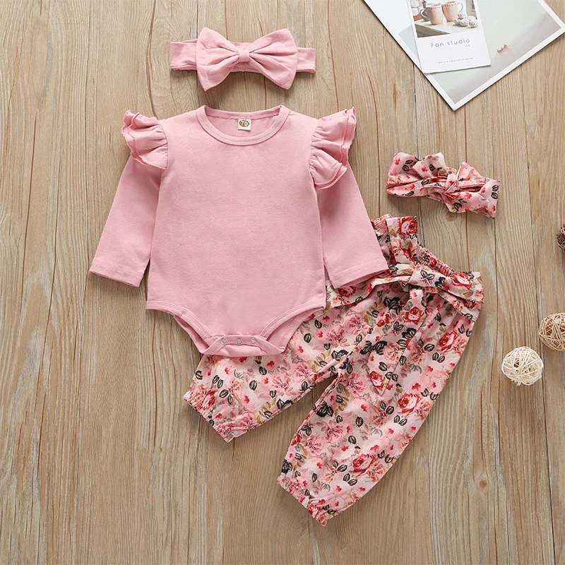 

Baby girl clothes spring and autumn pure cotton 4-piece suit girl solid color fart one-piece romper + floral trousers suit