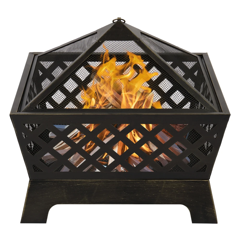 Portable Courtyard Metal Fire Pit 67.01 x 67.01 x 58.42 cm Fire Pit  4 Angles Mesh Brazier Bronze for  Poolside or Backyard