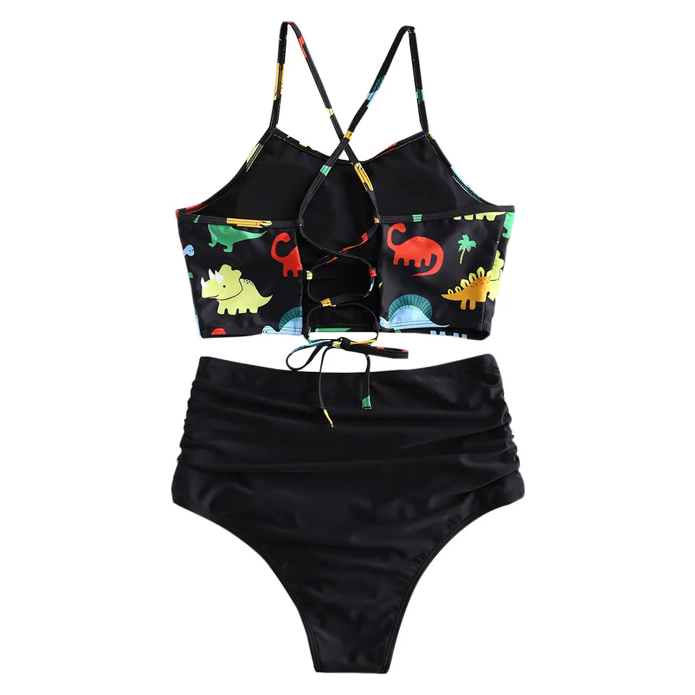 ZAFUL Dinosaur Lace Up Tummy Control Tankini Swimsuit Animal Print Padded High Waisted Tankini Sets Mix And Match Ruched Summer