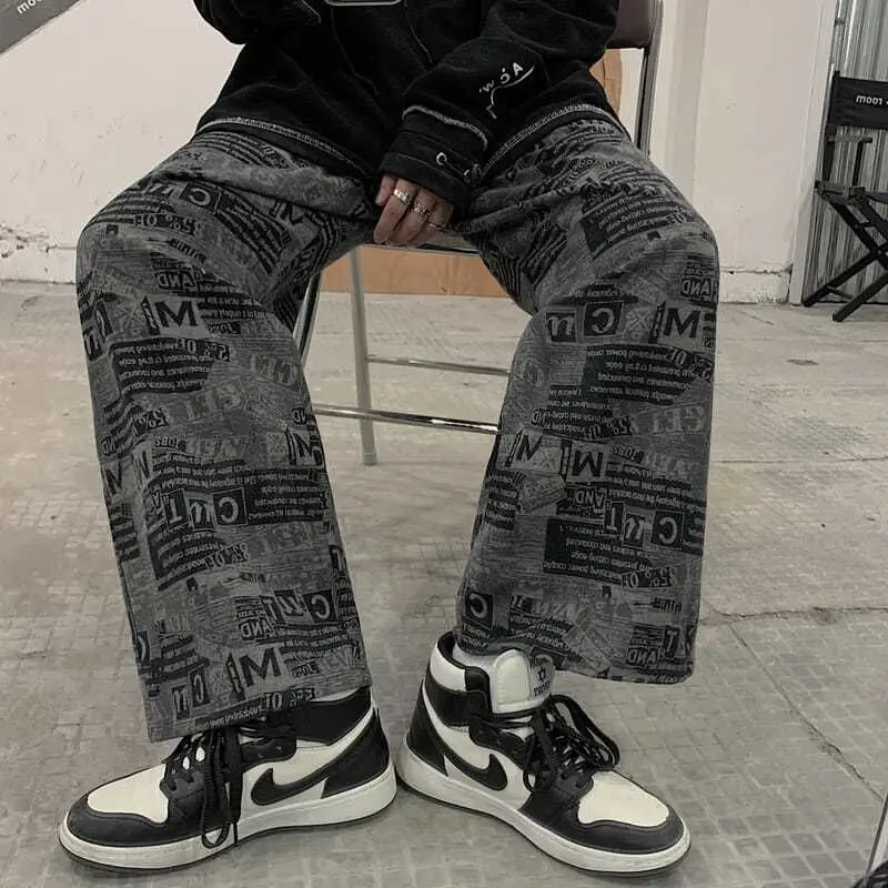 

Harajuku Newspaper Printed Goth Pants Men Trousers 2022 Summer Korean Retro Loose Straight Wide-legged Thin Casual Pants Trend