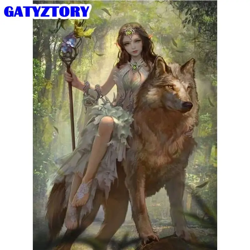 

GATYZTORY Pictures By Number Elf Girl And Wolf Kits Figure Drawing On Canvas Handpainted Paintings Art Gift Home Decor