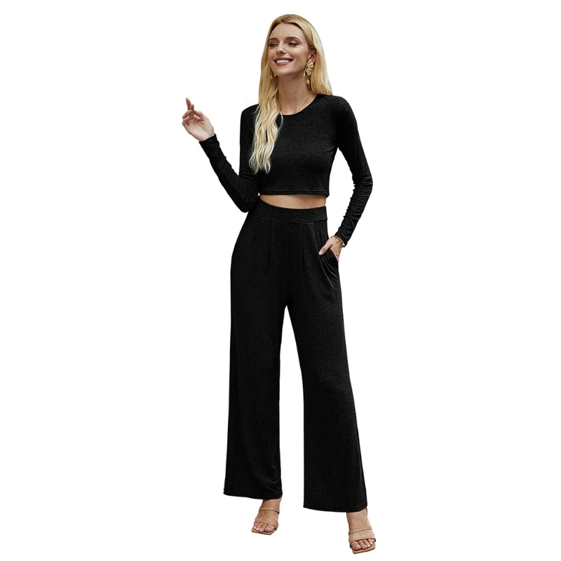 

Женский Соблазнительный комплект из 2 предметов, облегающий кроп-топ с длинным рукавом и круглым вырезом, прямые однотонные брюки с высокой ...