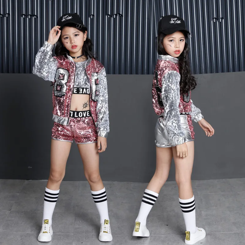 

Enfants Sequin Hip Hop vêtements pour filles veste récolte réservoir hauts chemise Shorts Jazz danse Costume salle de bal danse