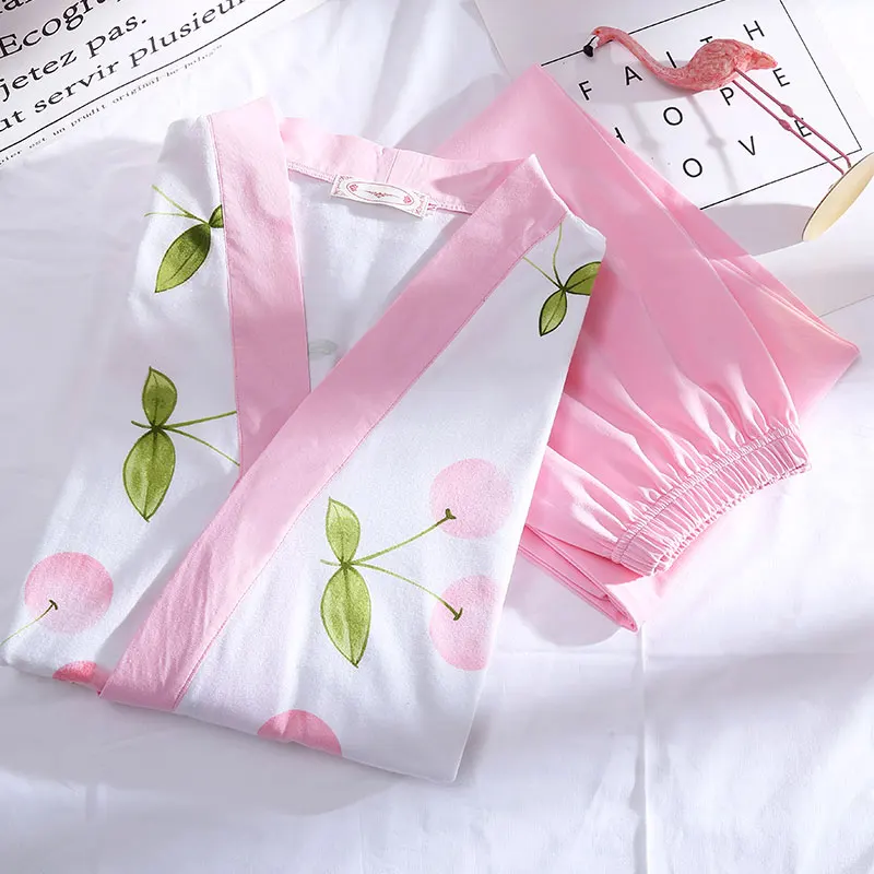 2019 осень 100% хлопок японское кимоно пижамы наборы для женщин длинный рукав с