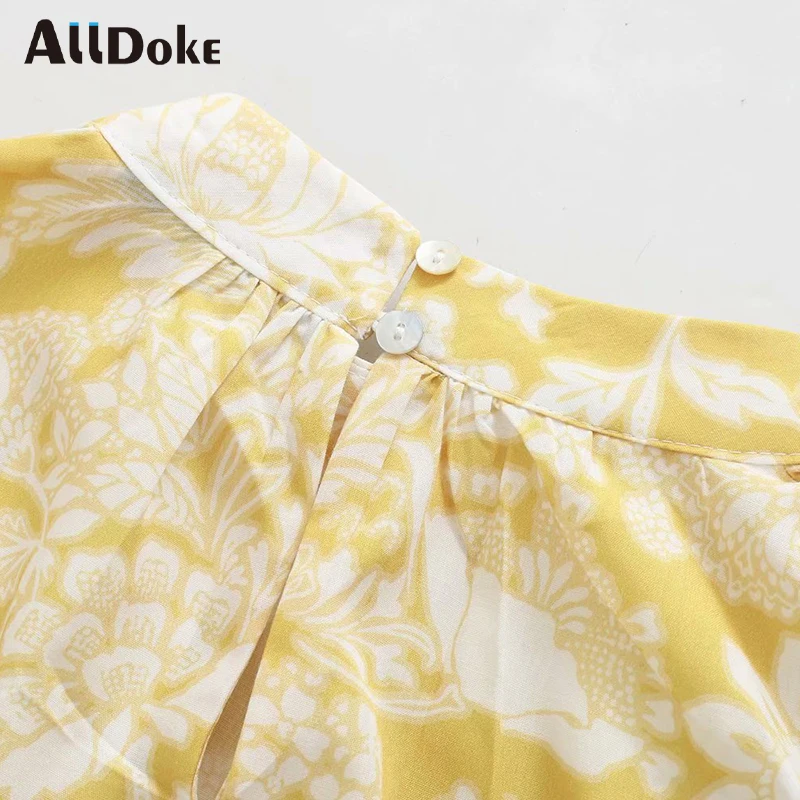 

ALLDOKE vintage floral print blouse women summer stand puff sleeve tops shirt femme ruffles loose ladies blouses blusas femme
