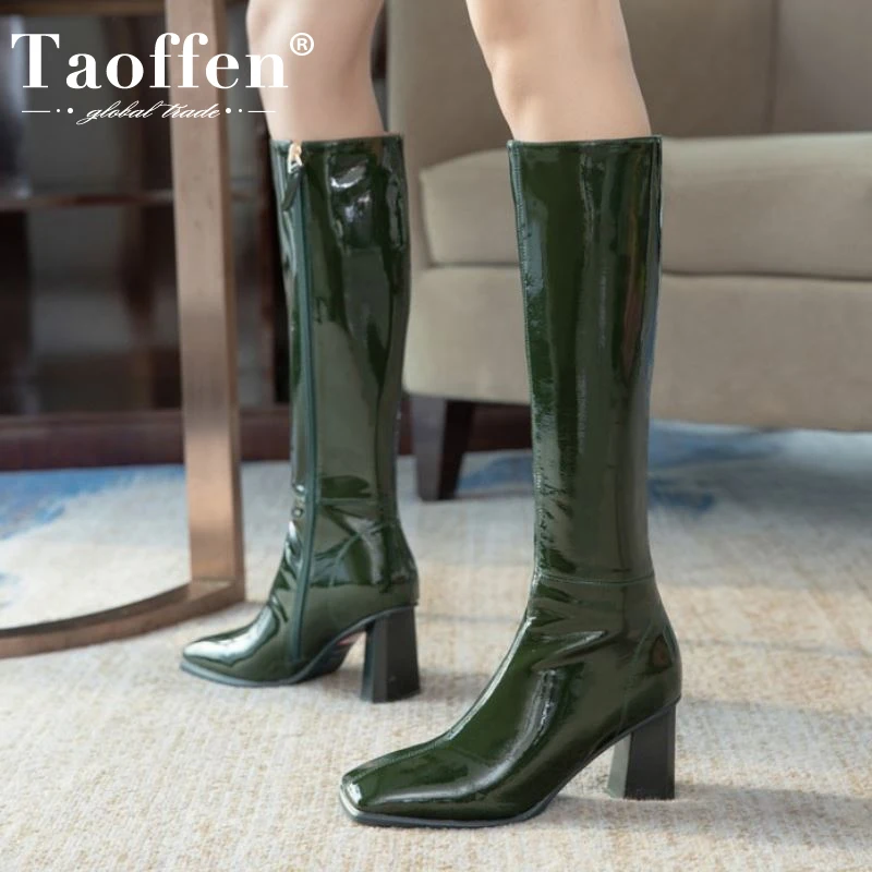

Женские сапоги до колена Taoffen, модные высокие сапоги из натуральной кожи с квадратным носком на высоком каблуке, женская обувь, размер 34-40