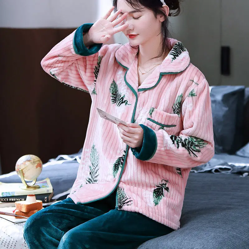 

2020 Flannel Pajamas Women's Autumn and Winter Thick Cardigan Coral Fleece Outer Wear Leisure Tops Two Piece Suit