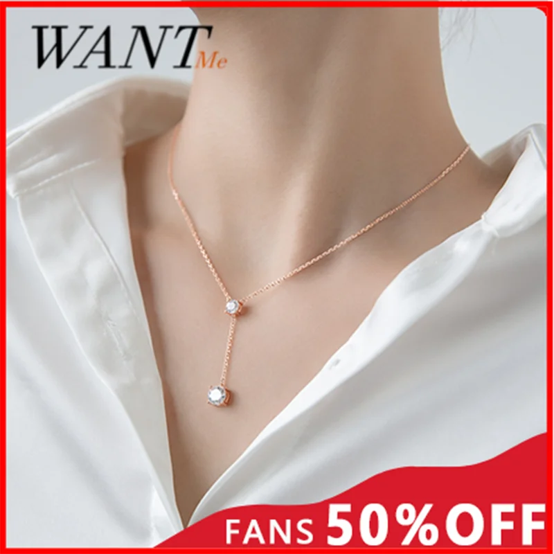 

WANTME Genuine 925 Sterling Silver Minimalist Round Zircon Y Shape Link Chain Charm Necklace for Women Chic Wedding Jewelry Gift