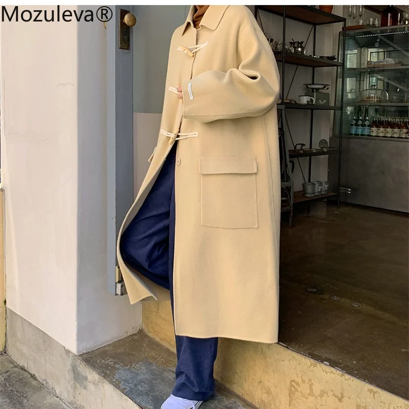 

Mozuleva Loose Horn Button Women Belted Long Woolen Coats Autumn Winter Warm Full Sleeve Turn Down Collar Female Overcoats