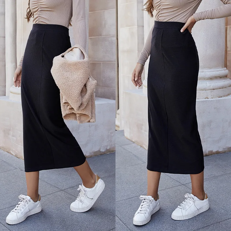 

High Waist Package Hip Pencil Skirts Women Autumn Winter Casual Slim Solid Color Black OL Work Midi Skirt Elegant Mujer Faldas