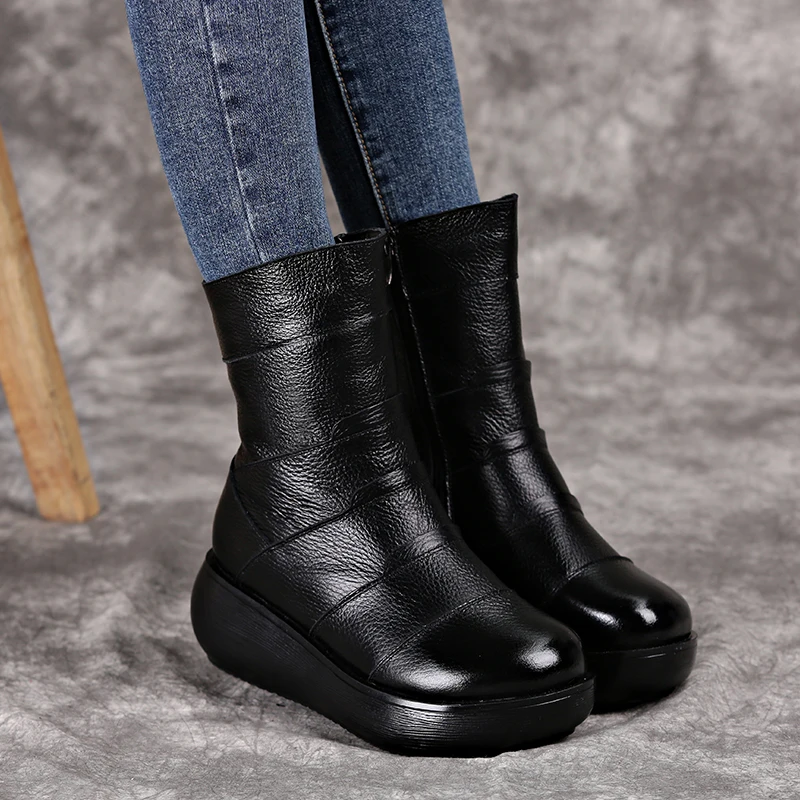 

BEYARNEGenuine Leather Flat Platform Half Boots Women Shoes 2019 Winter Round Toe Vintage Platform Mid-Calf Boots Woman Zipper