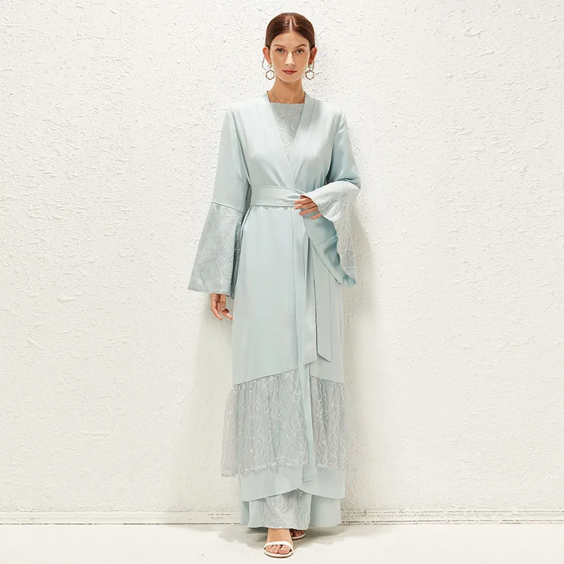 

France Australia Abaya Clothing Fashion Muslim Women Robes Kaftan Cardigan Robe Belt Sequins Ramadan Prayer Long Skirt Jacket