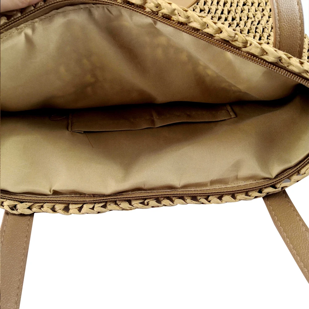 

Women Handmade Straw Shoulder Bag Wild Style Zipper Bucket Bag Handbag with Soft Handles Beach Weave Bag