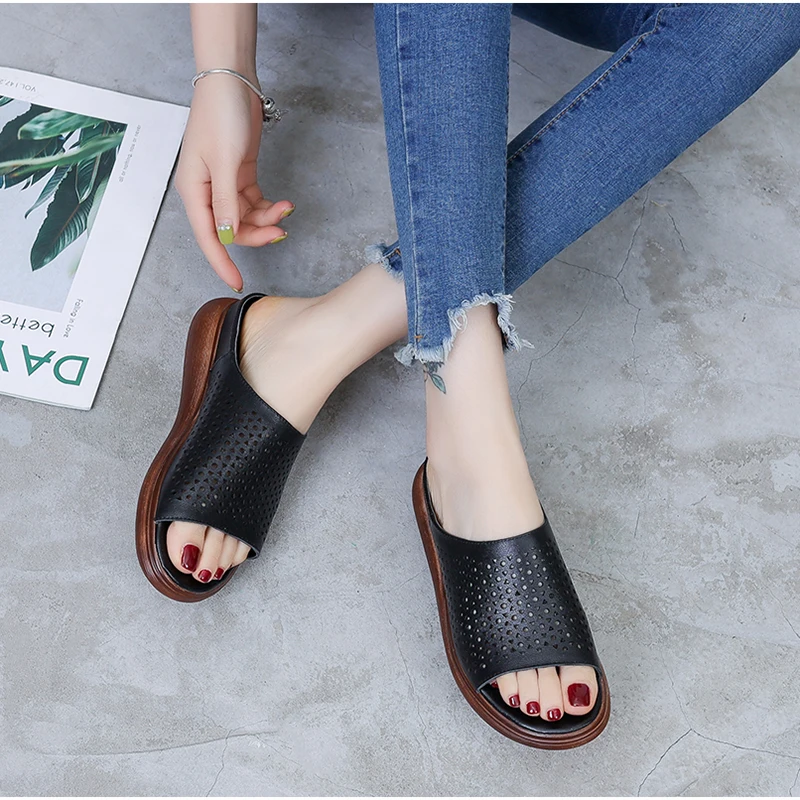 

Женские дышащие босоножки Tilocow, из натуральной кожи, на плоской подошве, ретро Тапочки