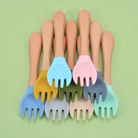 reusable 2pcsset practical wooden handle silicone kid spoon portable children fork wear resistant for home
