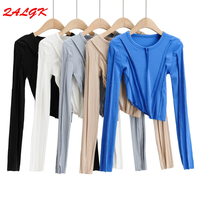 

Women Sweater Knit Bottoming Shirt 12021 New Round Neck Pleated Corrugated Asymmetric Short Knitted Top Elegant Clothes Female