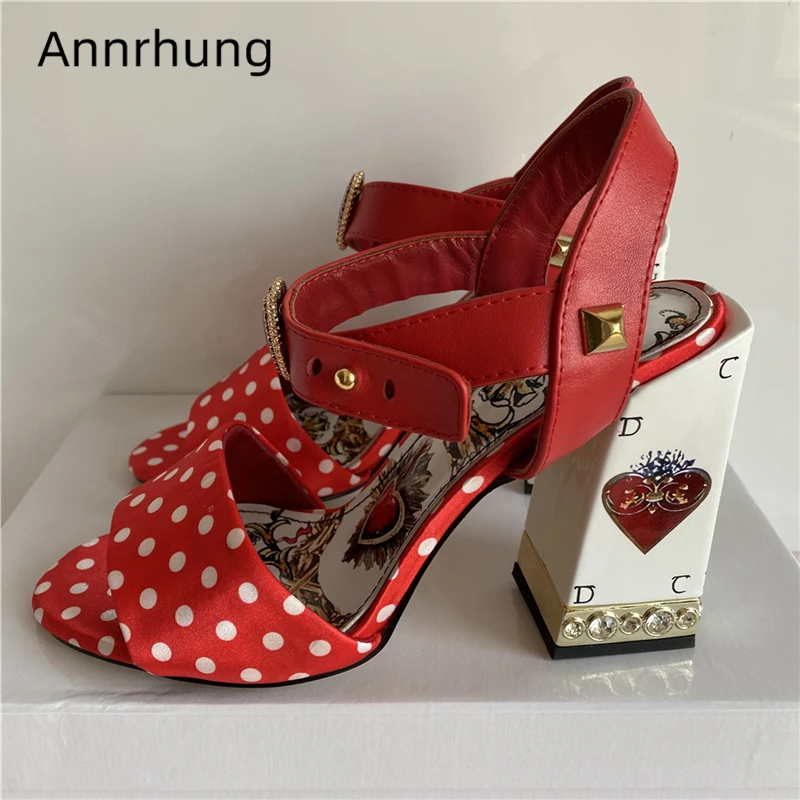 

Size 38 Sexy Polka Dot One-strap Sandals Women Printed Love-heart Belt Buckle Rhinestone High Heel Party Sandalias