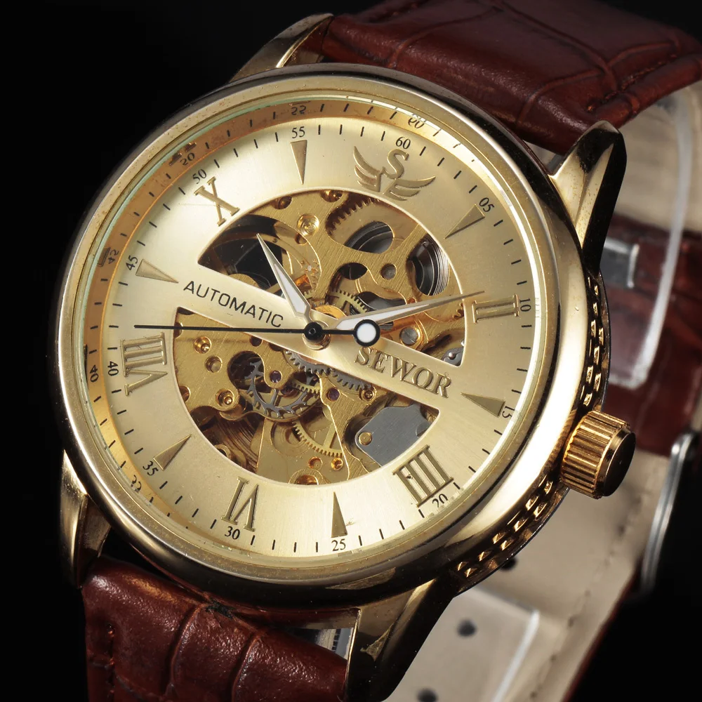 

Casual Fashion Men's Watches Men Luxury Brand Skeleton Dial Leather Strap Mechanical Watch Vintage Reloj Dress Relogio Masculino