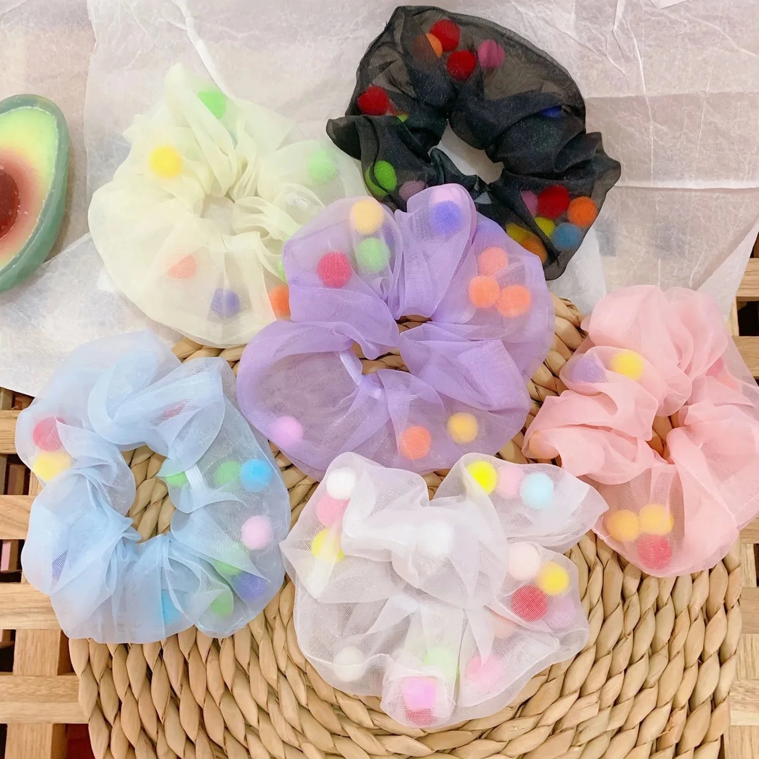 

Hot Fashion Women Organza With Colorful Ball Hair Scrunchies INS Girl's Cute Ponytail Holder Elastic Hair Bands Hair Accessories