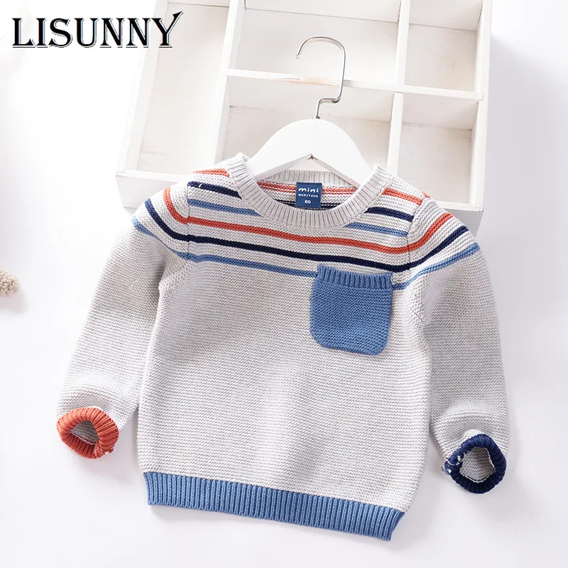 Толстый свитер для мальчиков Осень-зима 2021 детский пуловер в полоску с карманами