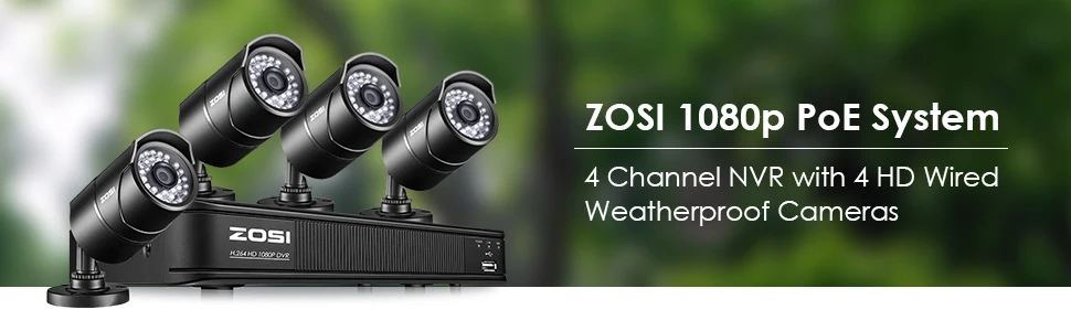 ZOSI 8 канальный 1080P POE CCTV система NVR комплект 4 шт. 2 МП Водонепроницаемая пуля наружная IP камера P2P Onvif безопасности