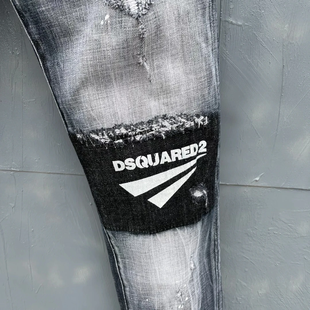 New DSQUARED2 Men's/Women's Jeans Fashion Slim-Fitting, Washed, Worn Out Paint And Broken Ink Printed Stretch Pants 052