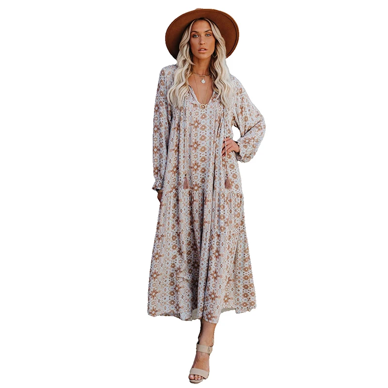 

Quality Elegant Bohemian Printed V-neck Long Sleeve Dress Women 2020 Autumn Casual Expandable Party Lady British Style Dresses