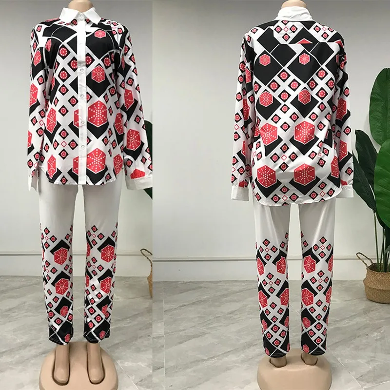 

Trousers Set African Women's Long-Sleeved Shirt Set 2022 Spring Plus Size Casual Women's Blue Printed Tops Matching Pant Sets
