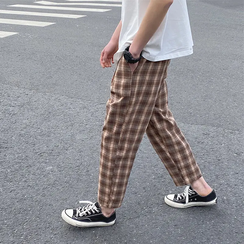 Брюки мужские тонкие в клетку модные прямые Хлопковые Штаны ретро стиле уличная