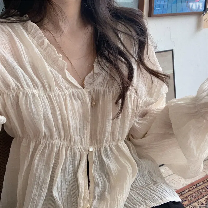 

Cute Prairie Chic Thin Pleated Lantern Sleeves Loose Feminine Waist-controlled Ruffles Blouses Brief Solid Gentle Shirts Full