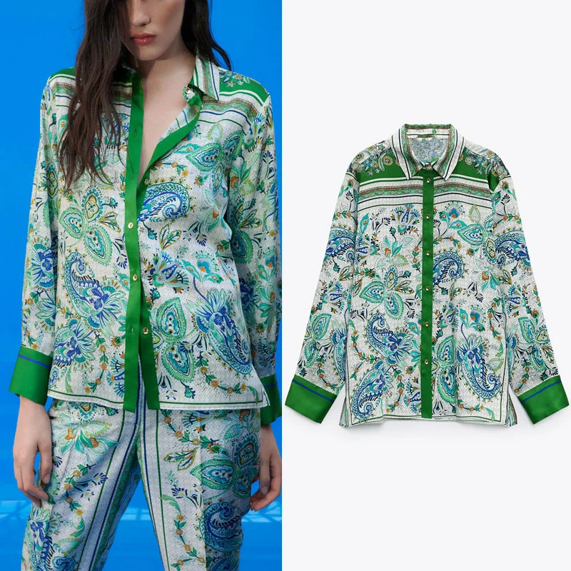 

Za 2021 Summer Green Floral Print Shirt Women Vintage Long Sleeve Side Vents Feminien Shirts Fashion Button Up Casual Fit Top