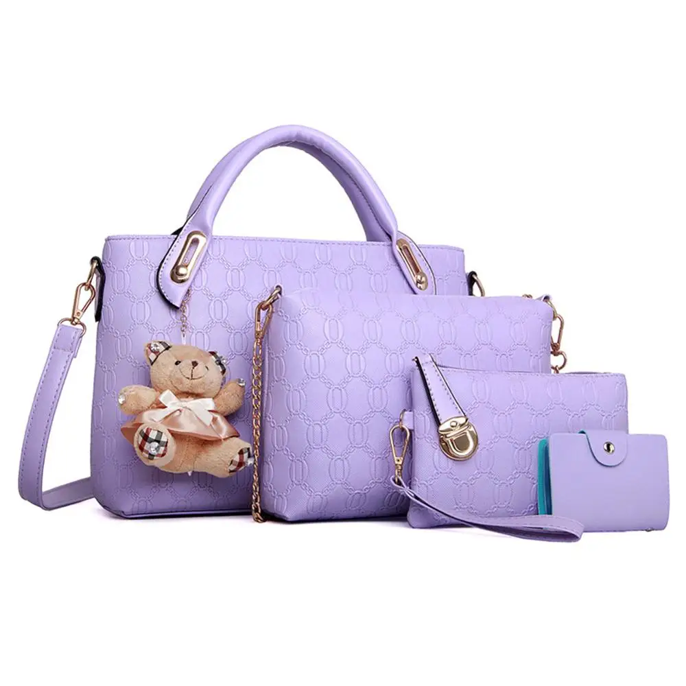 purple 4 шт./компл. Для женщин Роскошные Сумки с тиснением и изображением клетчатая сумка композитные Сумки из искусственной кожи Винтаж сумки на плечо медведь дизайнерские цепи bolsa - Цвет: purple