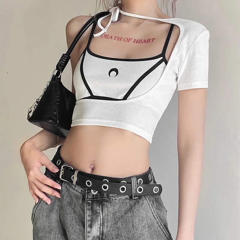 

Топ женский на бретельках с имитацией двух лямок, укороченный топ на бретельках с асимметричным принтом, уличная одежда, жилет, Y2K, летняя од...